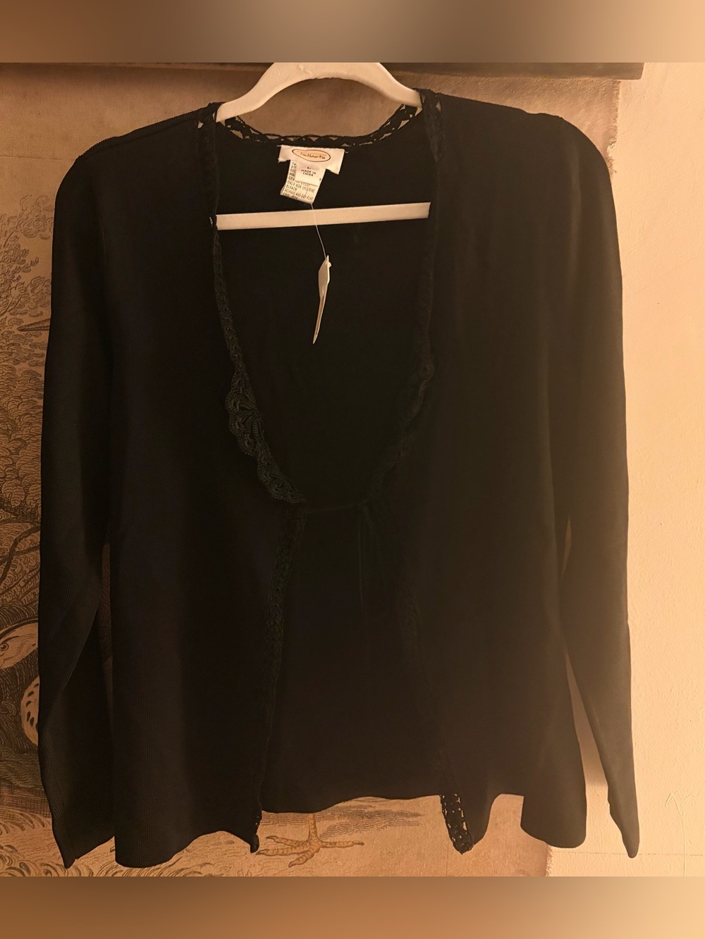 * New Talbots Black Lace-Trim Open Front Cardigan with Tie SZ Large *